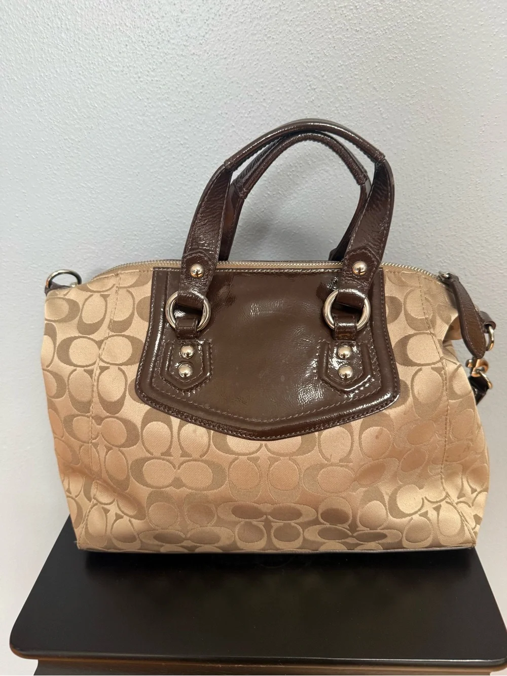 Coach Two-Tone Signature Satchel in Brown and Tan